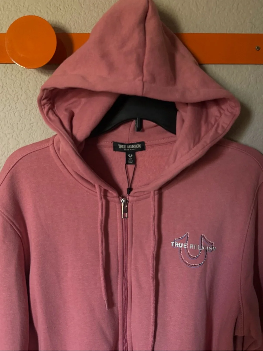 TRUE RELIGION Mens Small Zip Up Hoodie Pink Brandied Apricot Pockets NWT $118